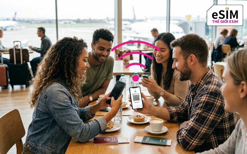 eSIM du lịch giúp nhóm bạn tự do kết nối, quét mã QR nhận data tức thì.